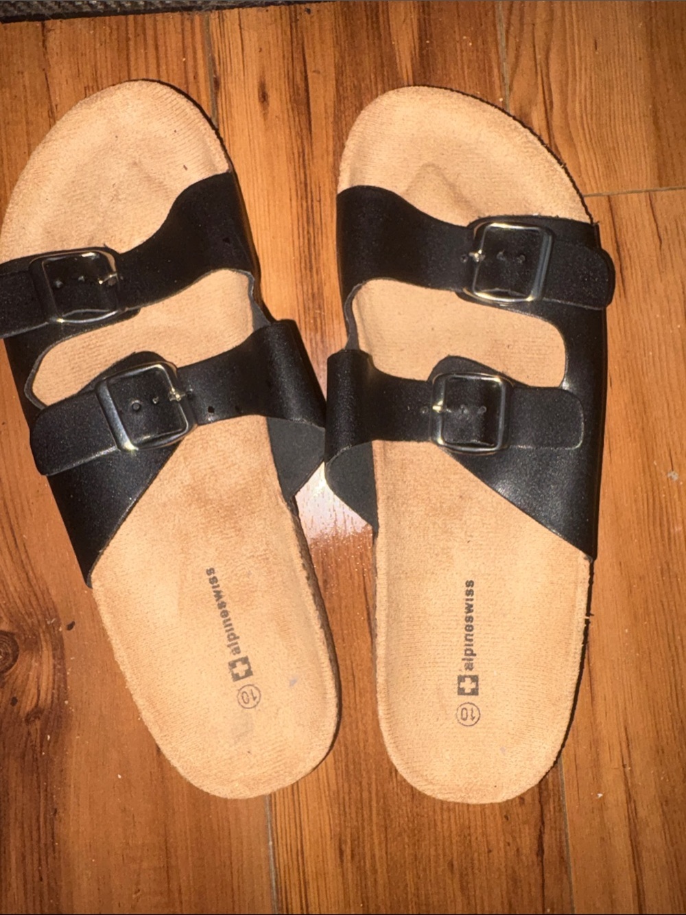 Men’s-Alpine Swiss Black Slide Sandals with Suede Footbed Men’s 10